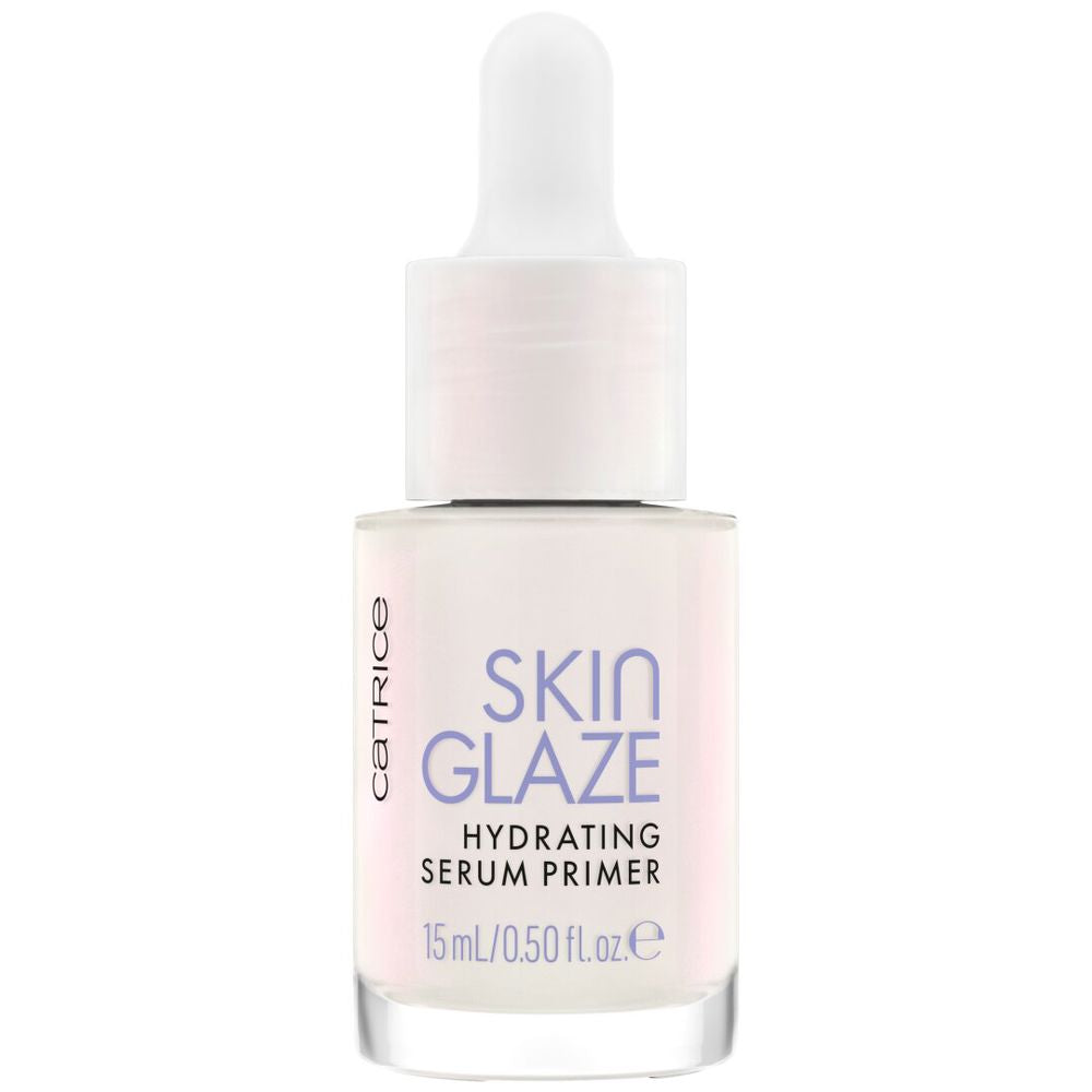 Glass serum primer bottle with dropper cap, light pink liquid and white plastic cap, Catrice