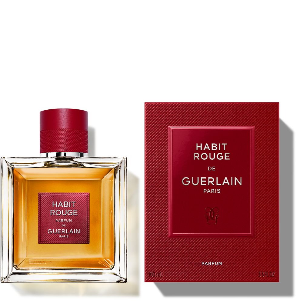 Frasco elegante de Habit Rouge Le Parfum de Guerlain, diseño clásico y profundo