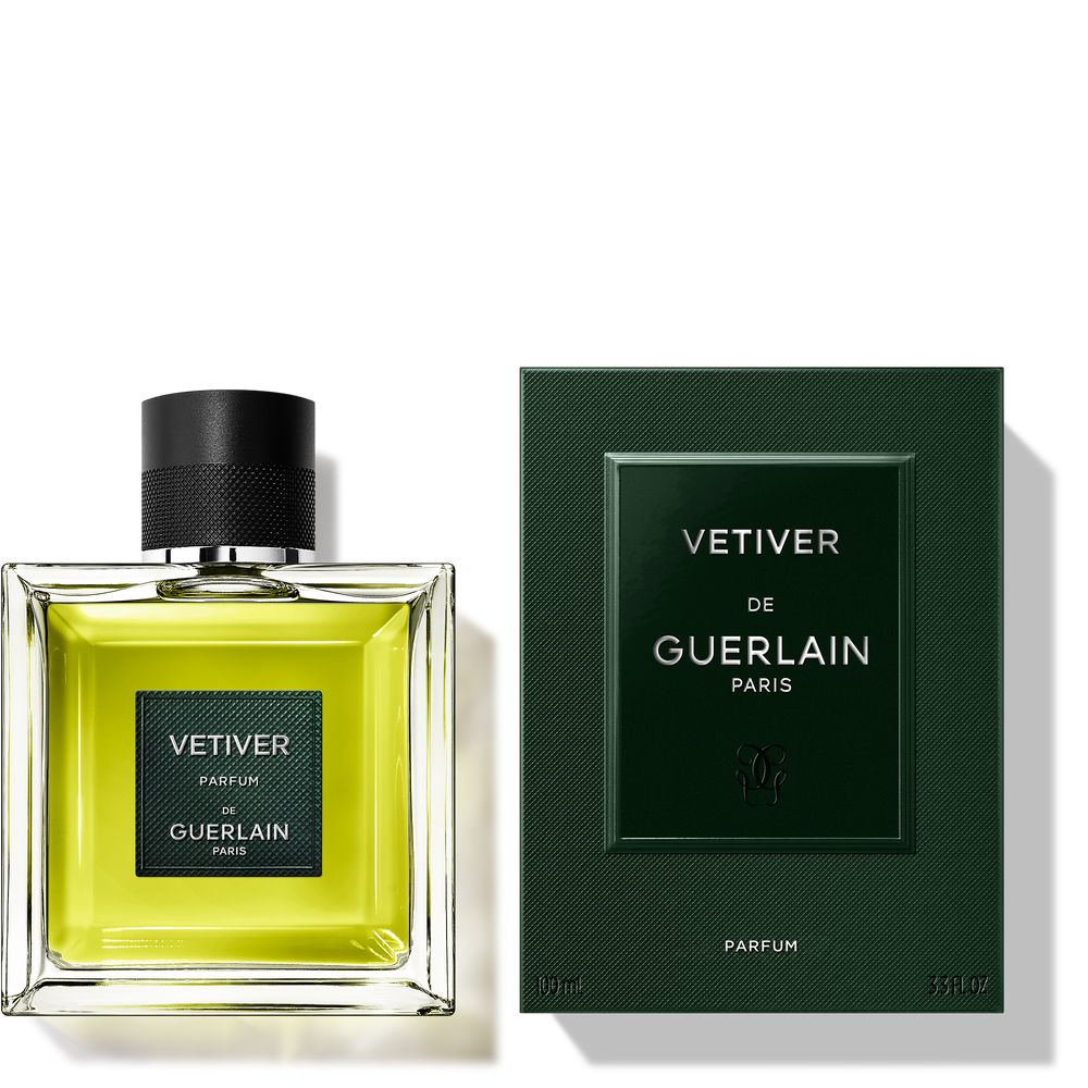 Bottle of Vetiver Parfum 100 ml, amber liquid, woody fragrance for Man