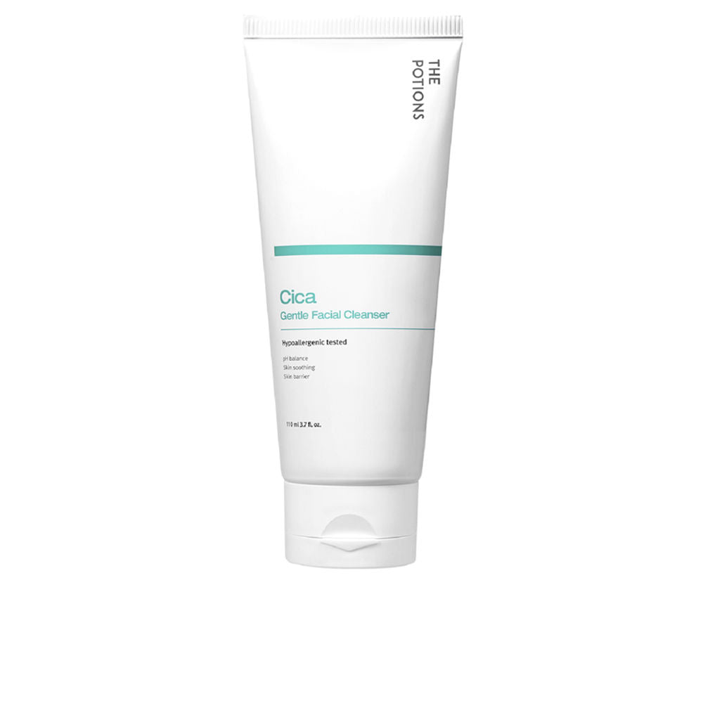 The Potions White plastic tube facial cleanser with flip-top cap, printed text and horizontal teal line, minimalist