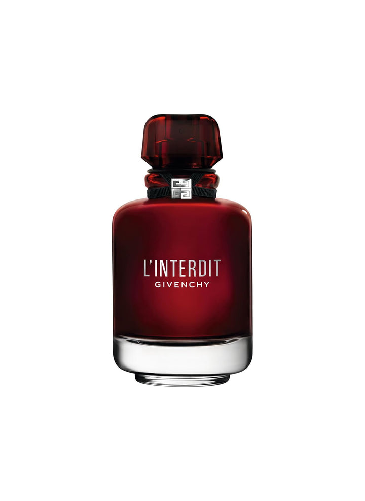 Translucent red-lacquered glass bottle of floral-spice eau de parfum, 125 ml.