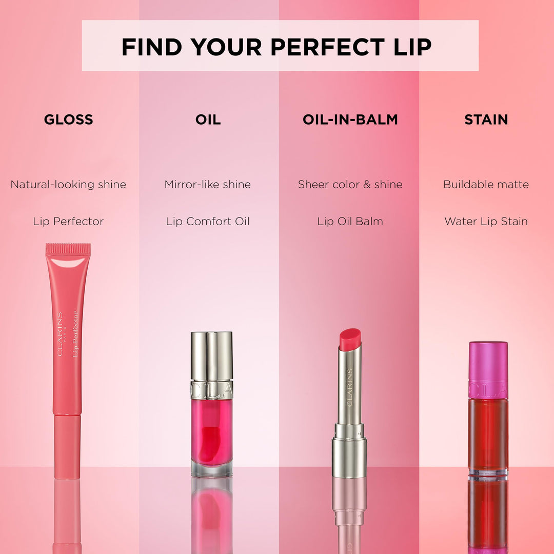 Clarins pink-and-gold twist-up lip oil balm with transparent cap, angled tip, and gold metallic base