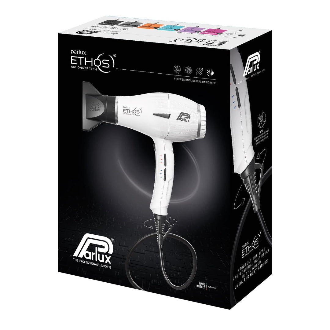 Matte white Ethos professional hair dryer with slim handle and concentrator