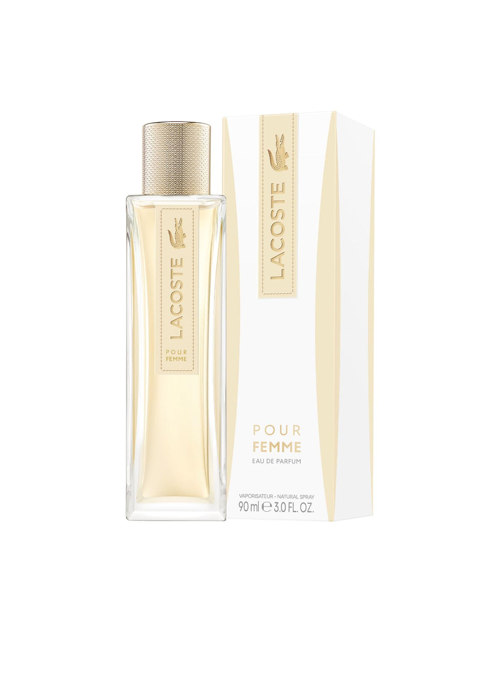 Elegant Lacoste Pour Femme perfume bottle against a soft neutral backdrop