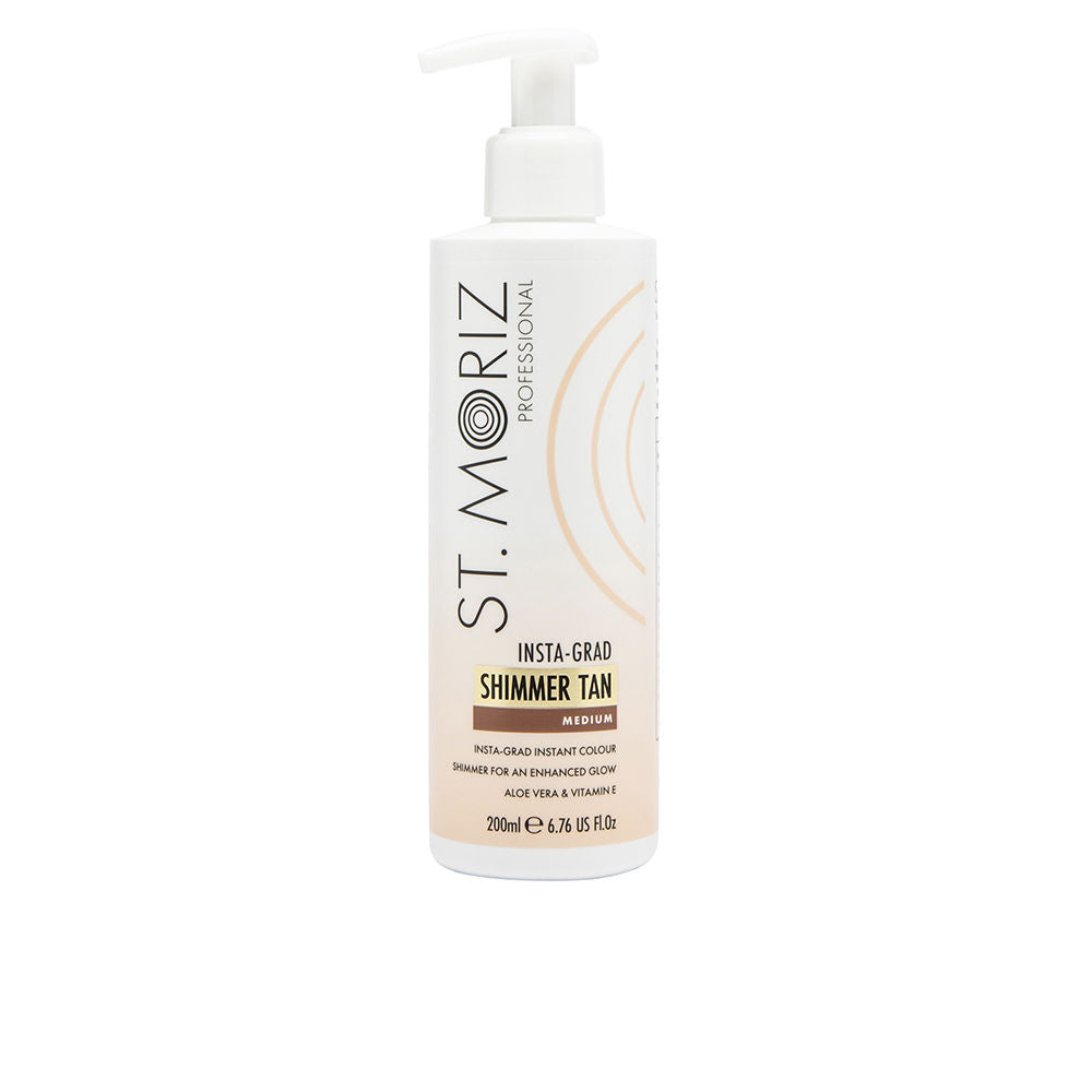 St. Moriz White plastic pump bottle with beige and black text, minimalist vertical layout and circular accent