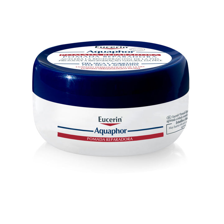 White plastic round container with screw-on lid, printed label with red and blue text bands, Eucerin
