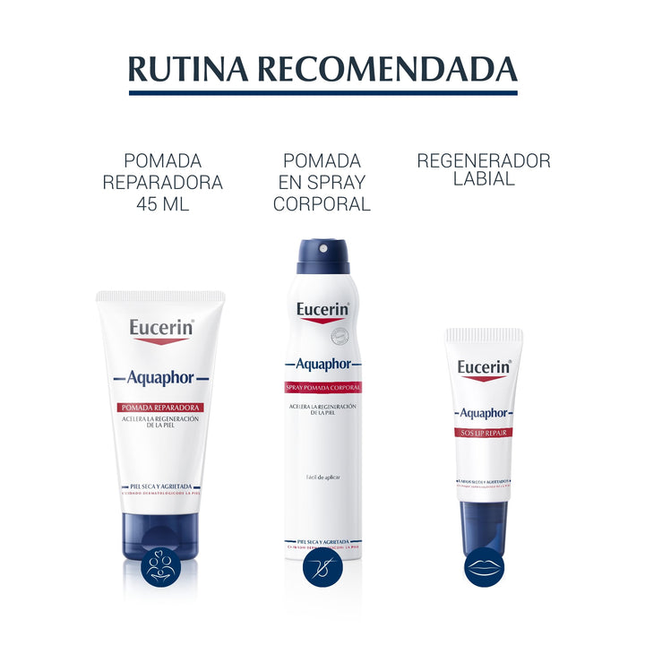 White plastic round container with screw-on lid, printed label with red and blue text bands, Eucerin