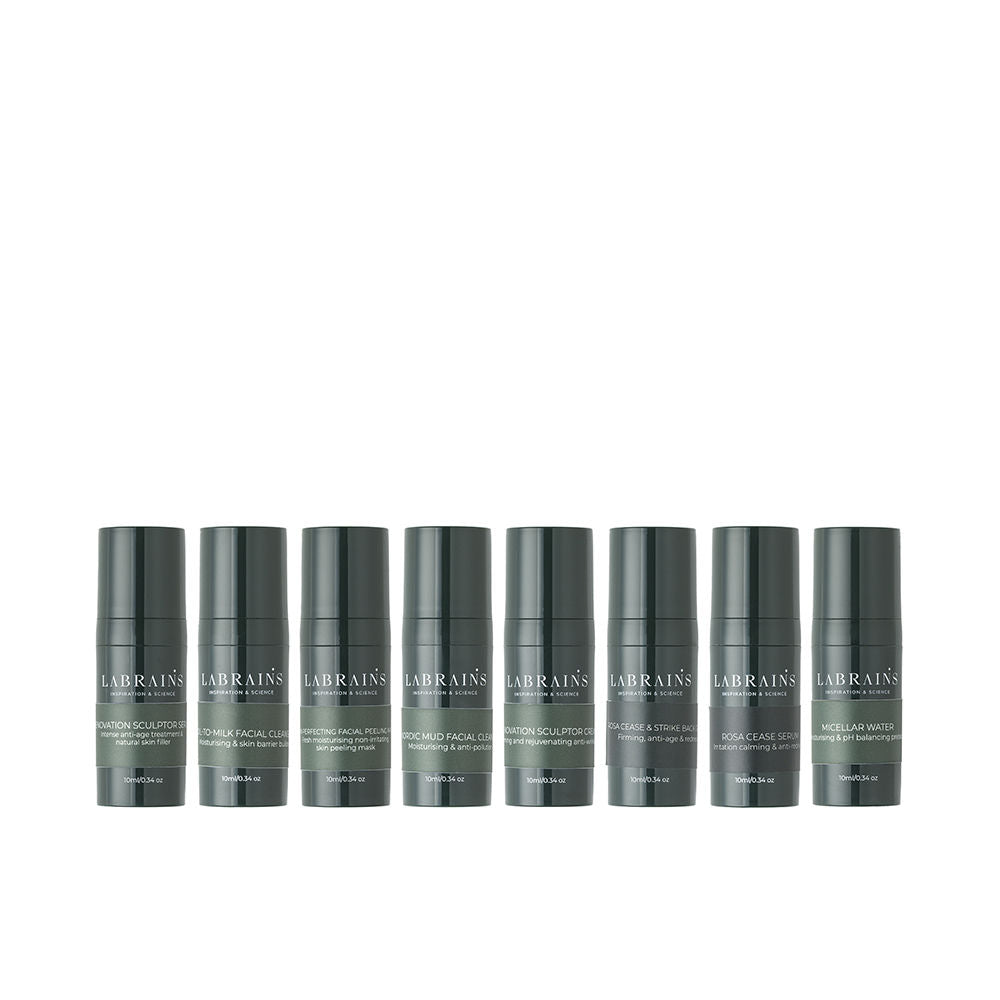 Labrains Eight-piece dark-gray plastic facial skincare set with cylindrical pump bottles, minimalist modern styling