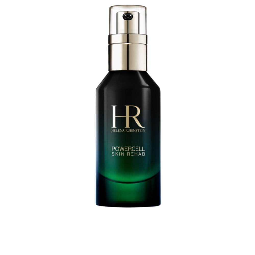 Helena Rubinstein Sleek black-to-green gradient serum bottle with pump and gold metallic cap, printed logo and text