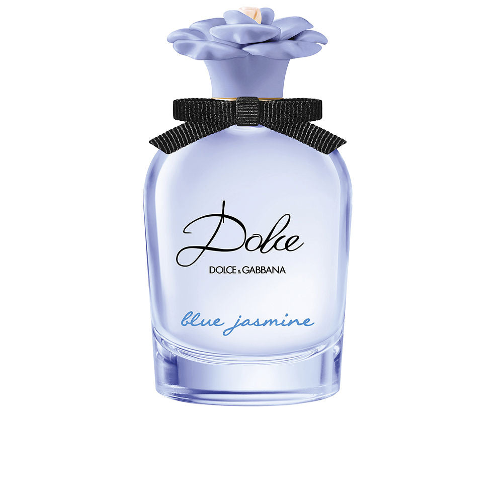 Dolce &amp; Gabbana Light purple glass perfume bottle with flower-shaped cap, black bow, curved silhouette, printed text