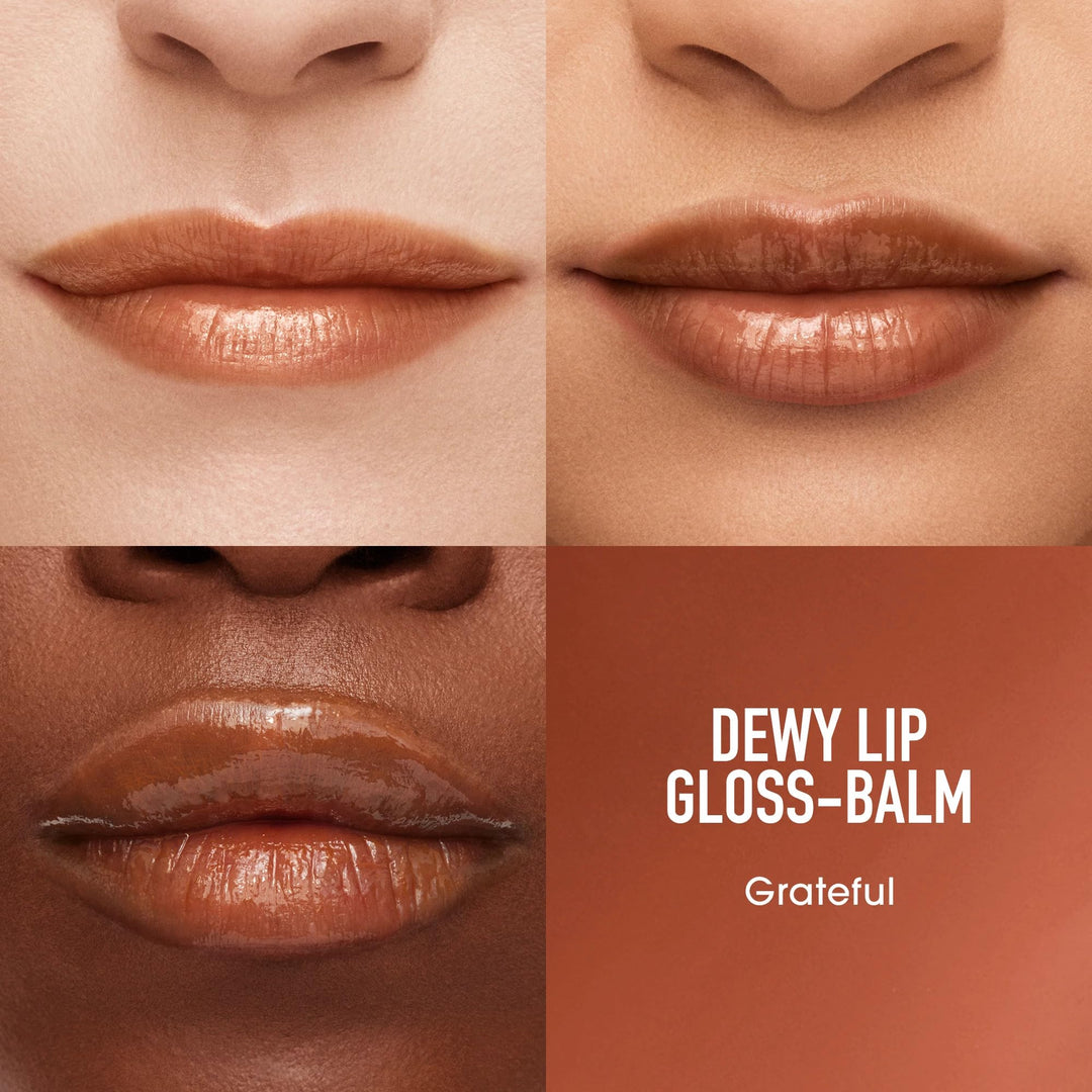 Bare Minerals hydrating satin lip gloss in clear tube with doe-foot applicator showing glossy, sheer finish