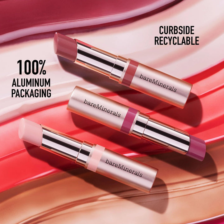Bare Minerals hydrating satin lip gloss in clear tube with doe-foot applicator showing glossy, sheer finish