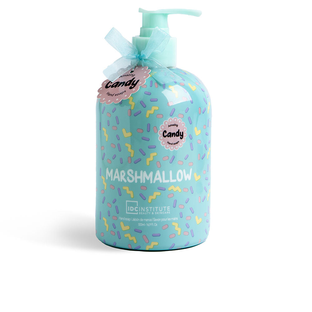 IDC Institute Light blue plastic hand soap bottle with pump, ribbon at neck and colorful sprinkles pattern