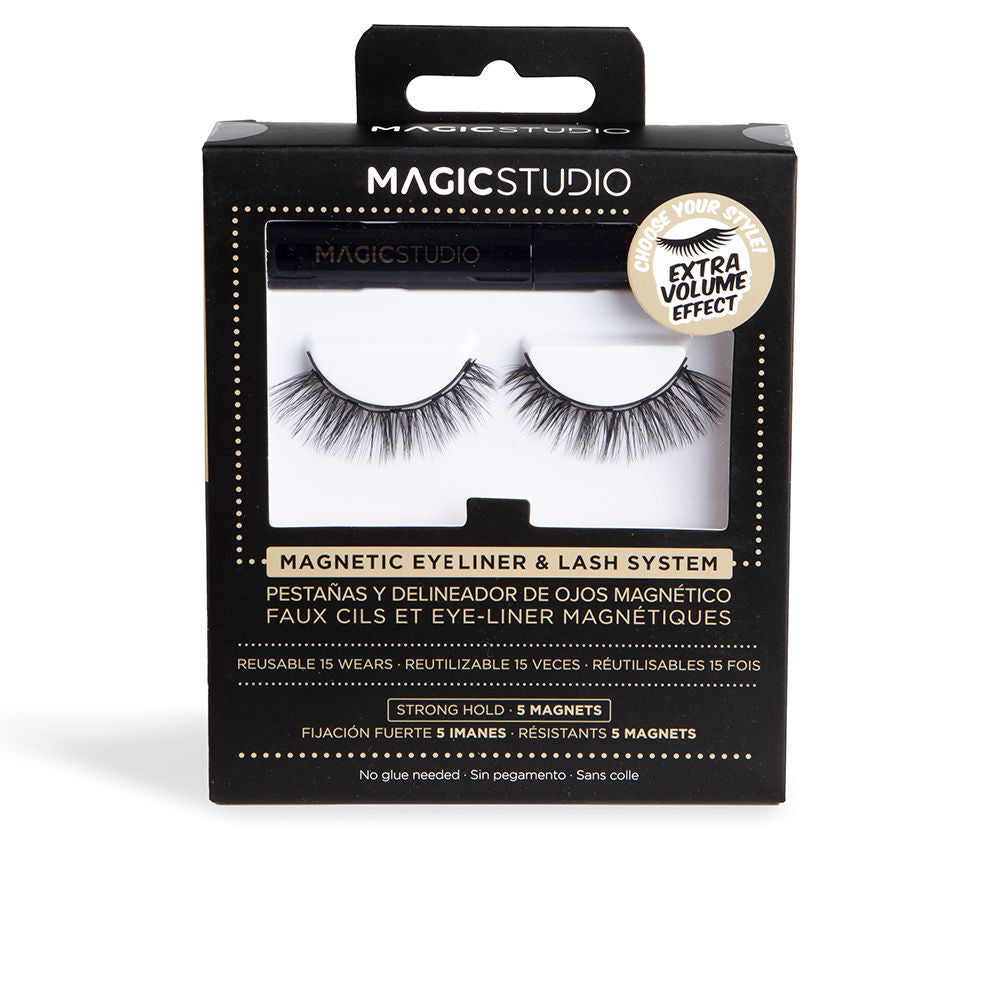 Magic Studio Black extra-volume magnetic eyelashes with five magnets and included magnetic eyeliner, photographed on white.