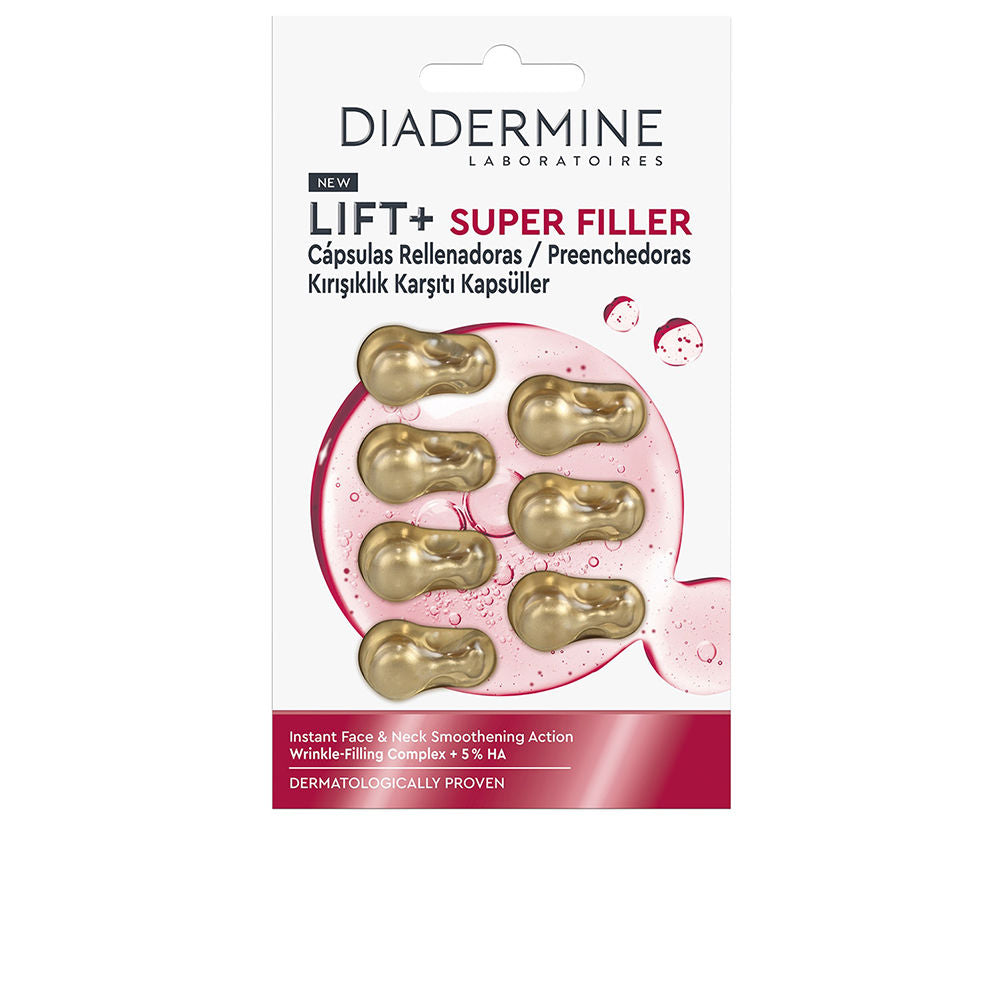 Diadermine Gold and pink plastic wrinkle filler capsules in transparent blister pack, modern clean packaging with logo