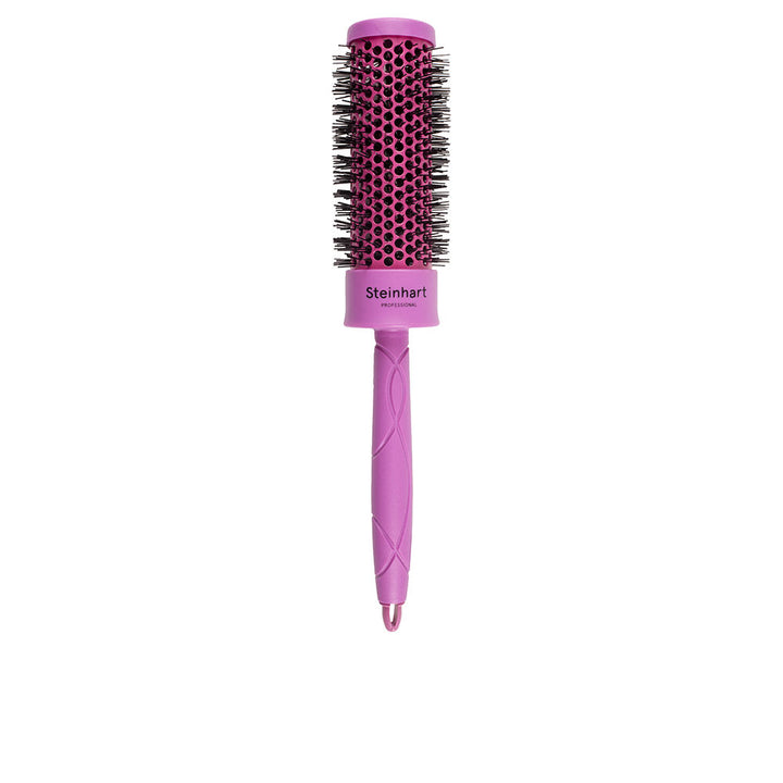 Round ionic hairbrush with heat-retaining barrel, pink finish, bristles visible