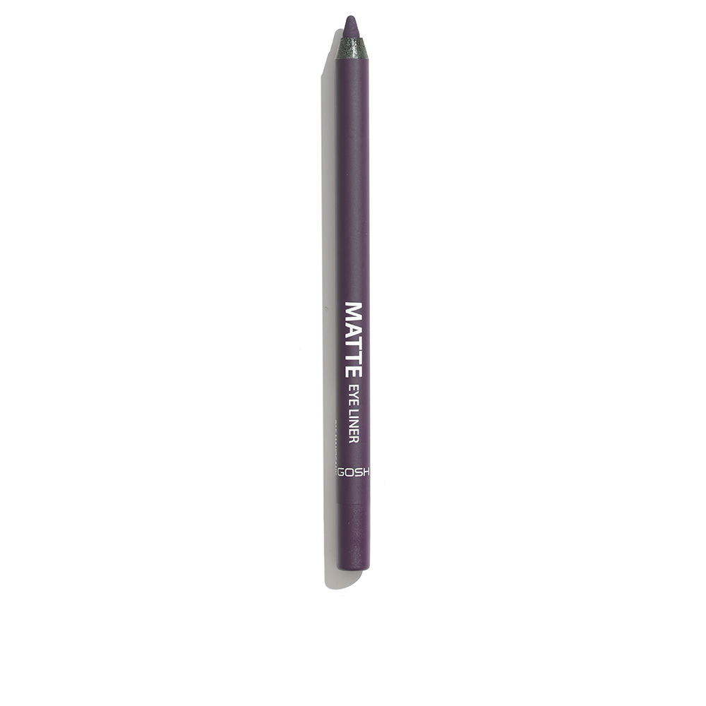 Dark purple matte eyeliner pencil with sharpened tip, white printed text, wood-like pencil body, Gosh