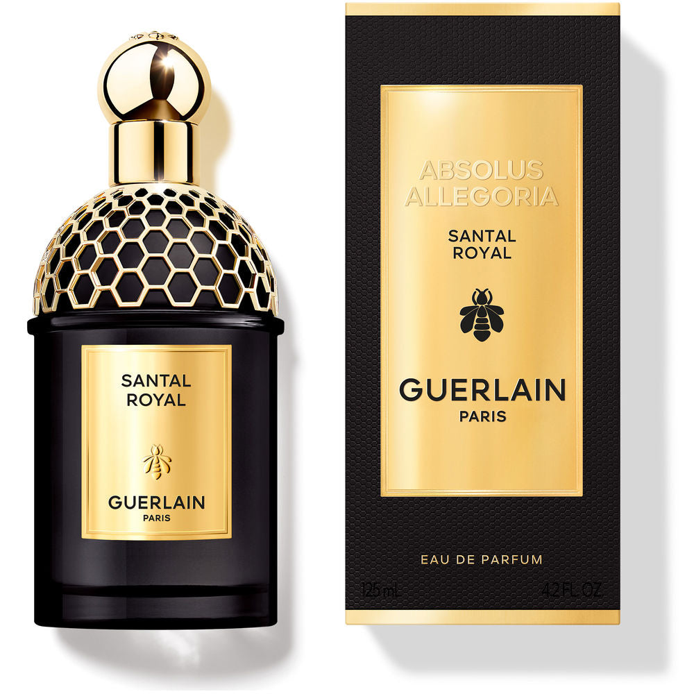 Guerlain Allegoria Absolus Santal Royal parfum in clear bottle with warm amber liquid