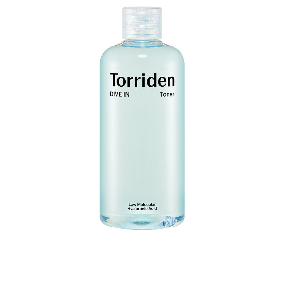 Torriden Light blue-hued clear plastic toner bottle with black text and clear screw cap, refined minimalist design