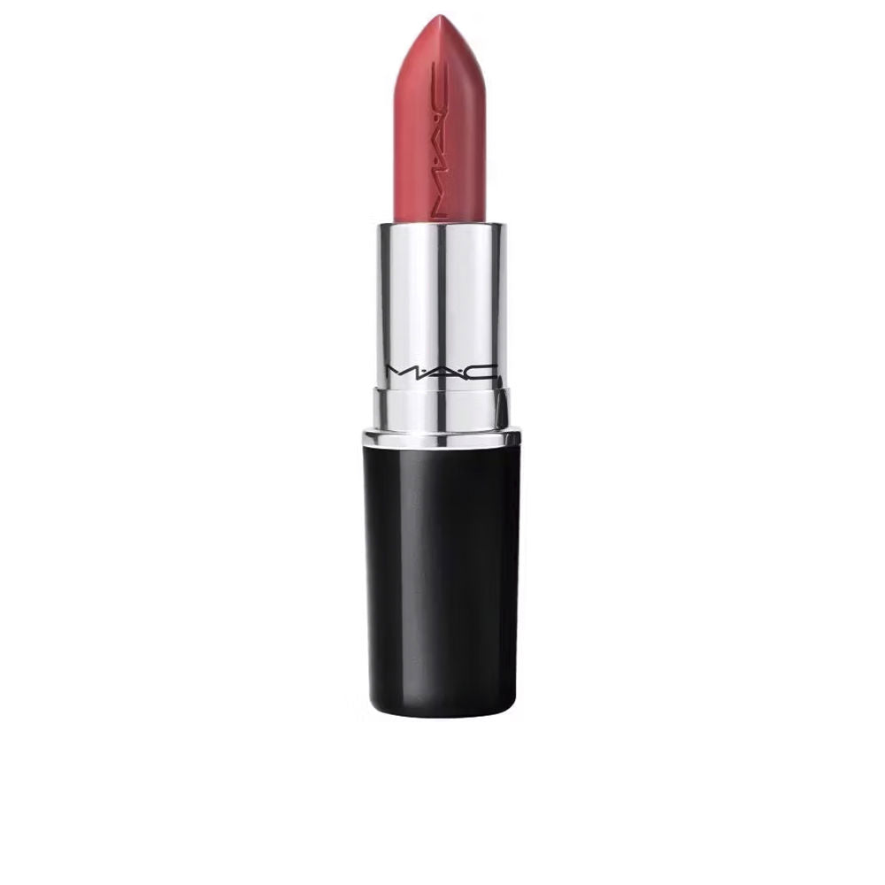 Mac Pinkish-red lipstick bullet in metallic silver tube with black base, engraved brand name visible