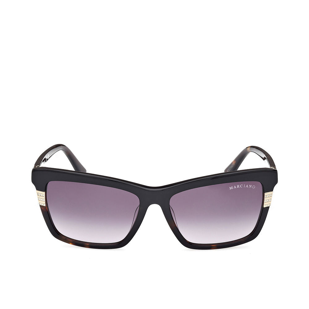 Black rectangular acetate sunglasses with gradient purple lenses, gold temple accents and small crystals, Guess By Marciano