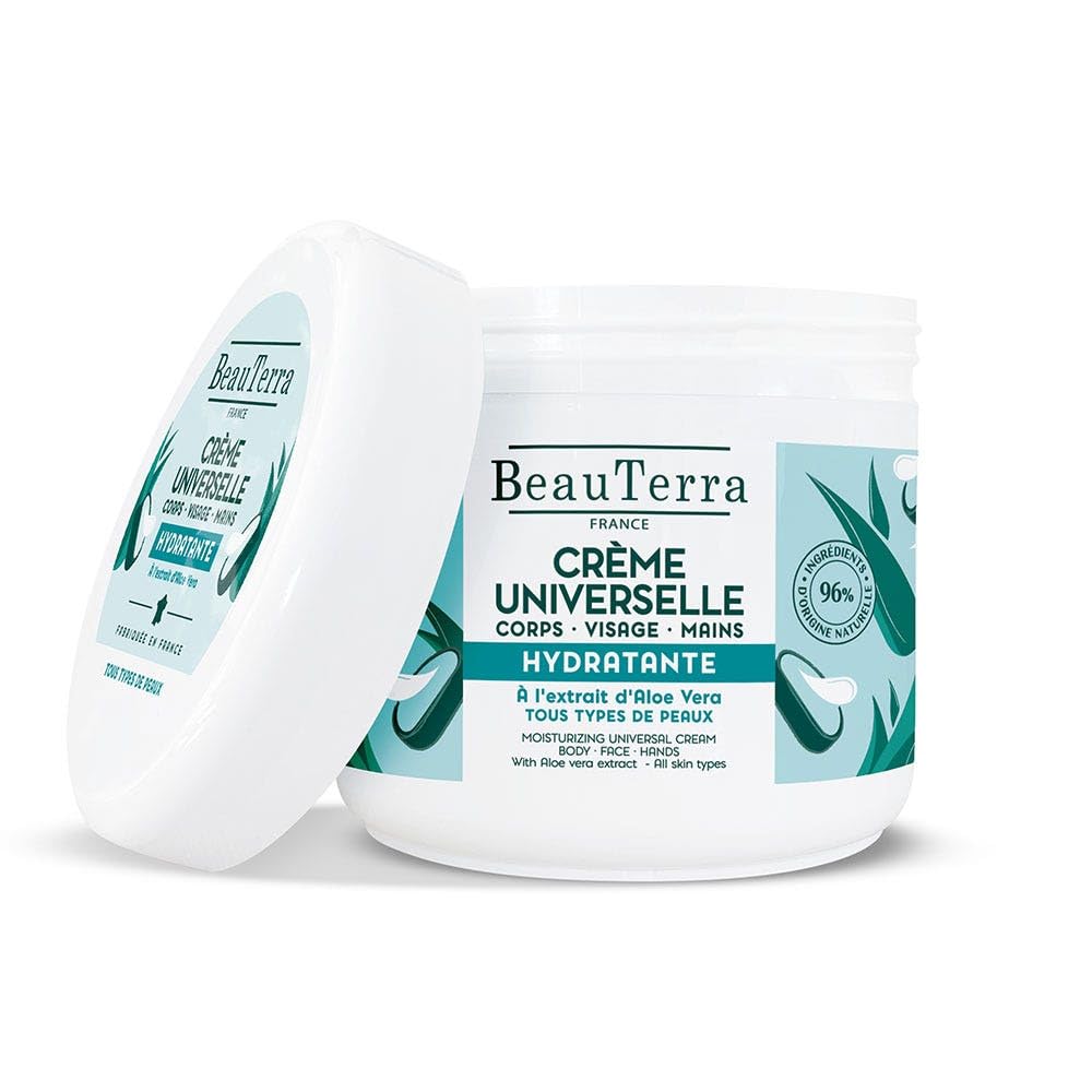 Beauterra glass jar of lightweight hydrating cream, smooth white texture and minimalist label