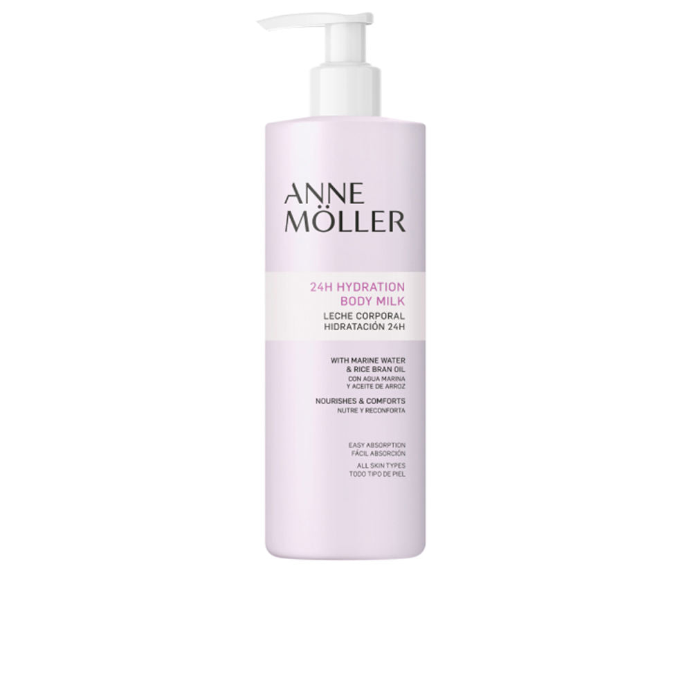 Anne Möller Tall cylindrical light-pink plastic body lotion bottle with white pump top, text label showing brand and product information