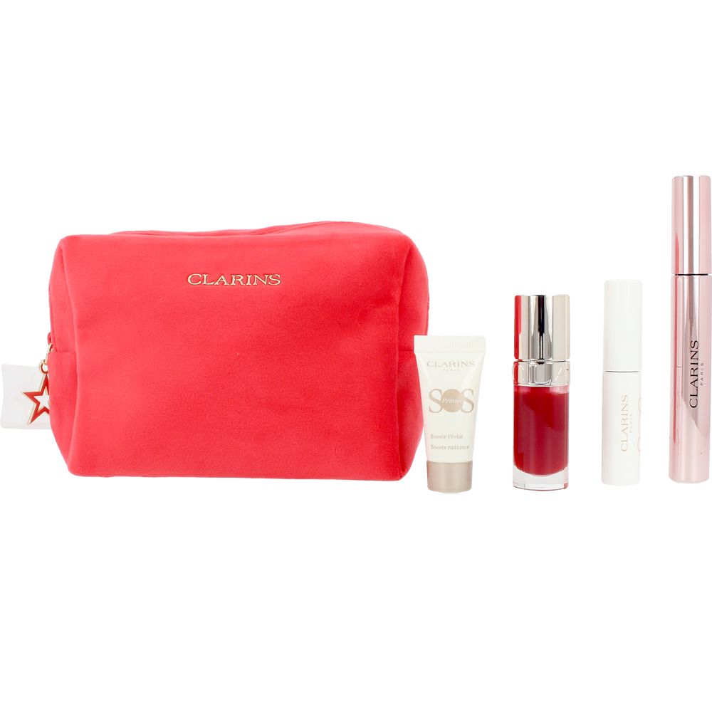 Red rectangular fabric cosmetic bag with zipper, gold Clarins logo text and star-shaped zipper pull.