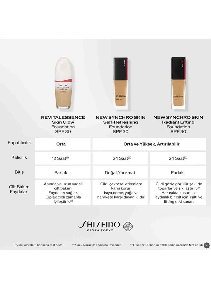 Shiseido Glass rectangular foundation bottle showing beige liquid, black cap with red stripe and printed text