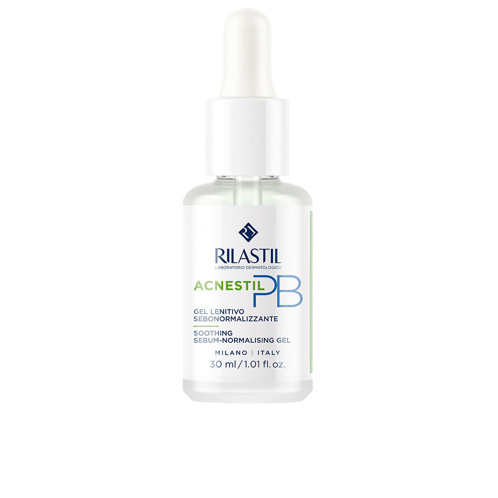Rilastil White gel serum in minimalist transparent glass bottle with dropper cap, clean contemporary design