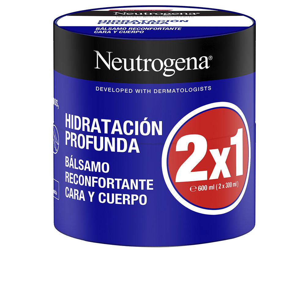 Warm blue, black, white and red cylindrical balm container with screw-on lid, Neutrogena branding visible