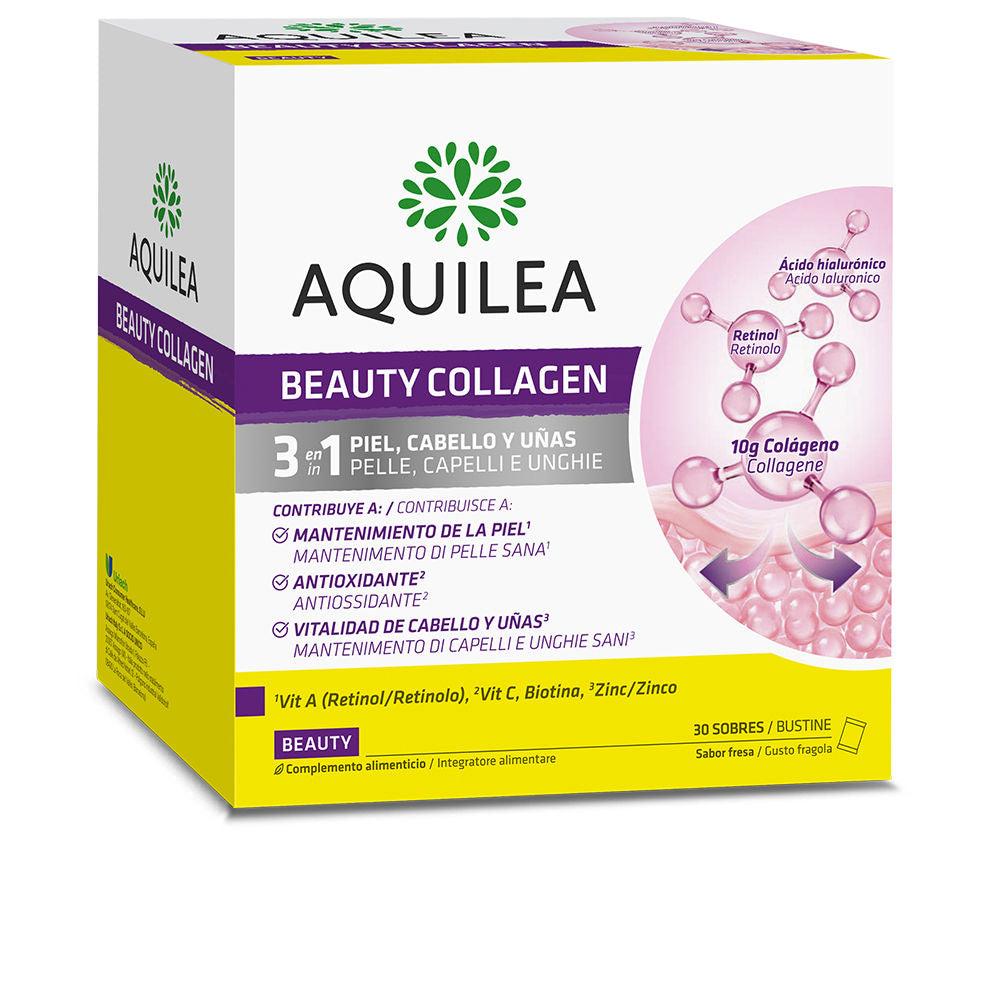 Aquilea White cardboard box with yellow, purple, green, pink accents, molecular graphic — refined modern supplement packaging from