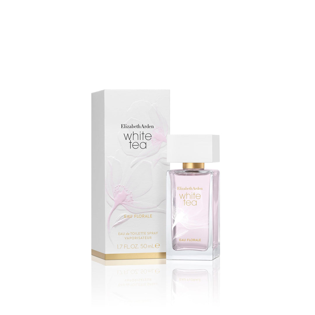 Transparent slender bottle with pale pink perfume, White Tea Eau Florale, 50 ml