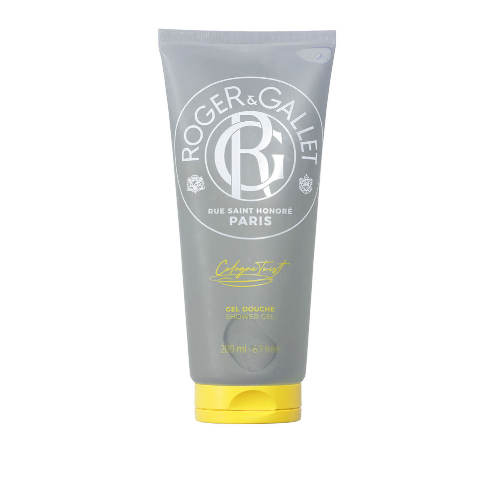 Roger &amp; Gallet Tube of gray plastic shower gel with yellow flip-top cap, printed logo, white and yellow text, circular emblem