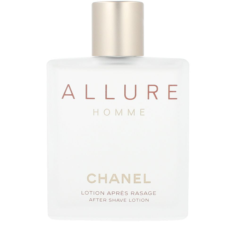 Chanel Frosted white glass aftershave bottle with beige cap, rectangular matte finish and rounded edges.