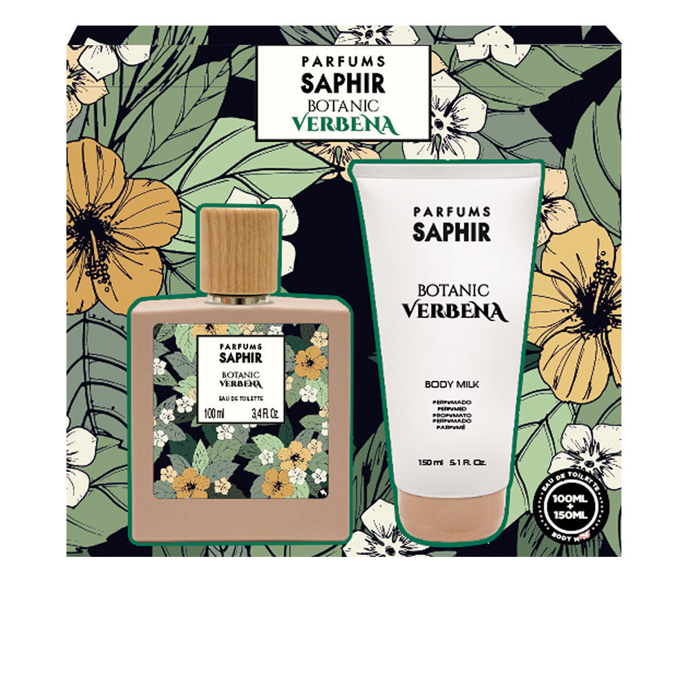 Parfums Saphir Beige glass perfume bottle with wooden textured cap, floral label and matching beige body-milk tube