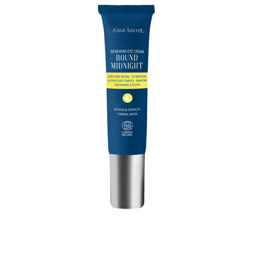 Alma Secret Plastic blue tube with metallic screw cap, yellow highlight band and crescent moon icon
