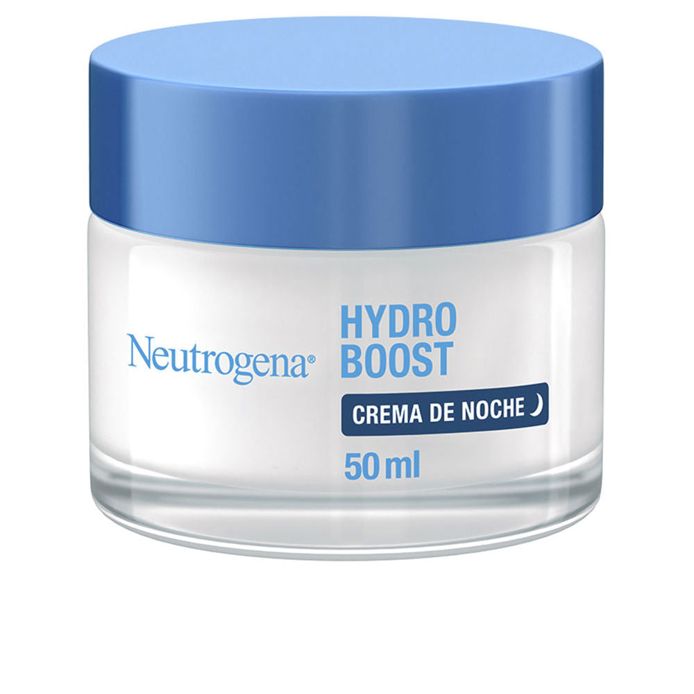 Neutrogena round plastic face cream jar with blue screw-on lid, printed text, transparent lower jar