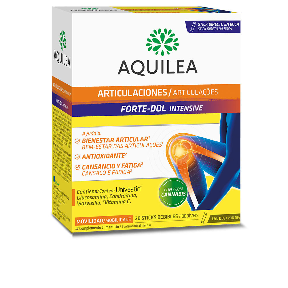 Aquilea White cardboard box of supplement sticks with multicolored text blocks, knee joint illustration, green circle