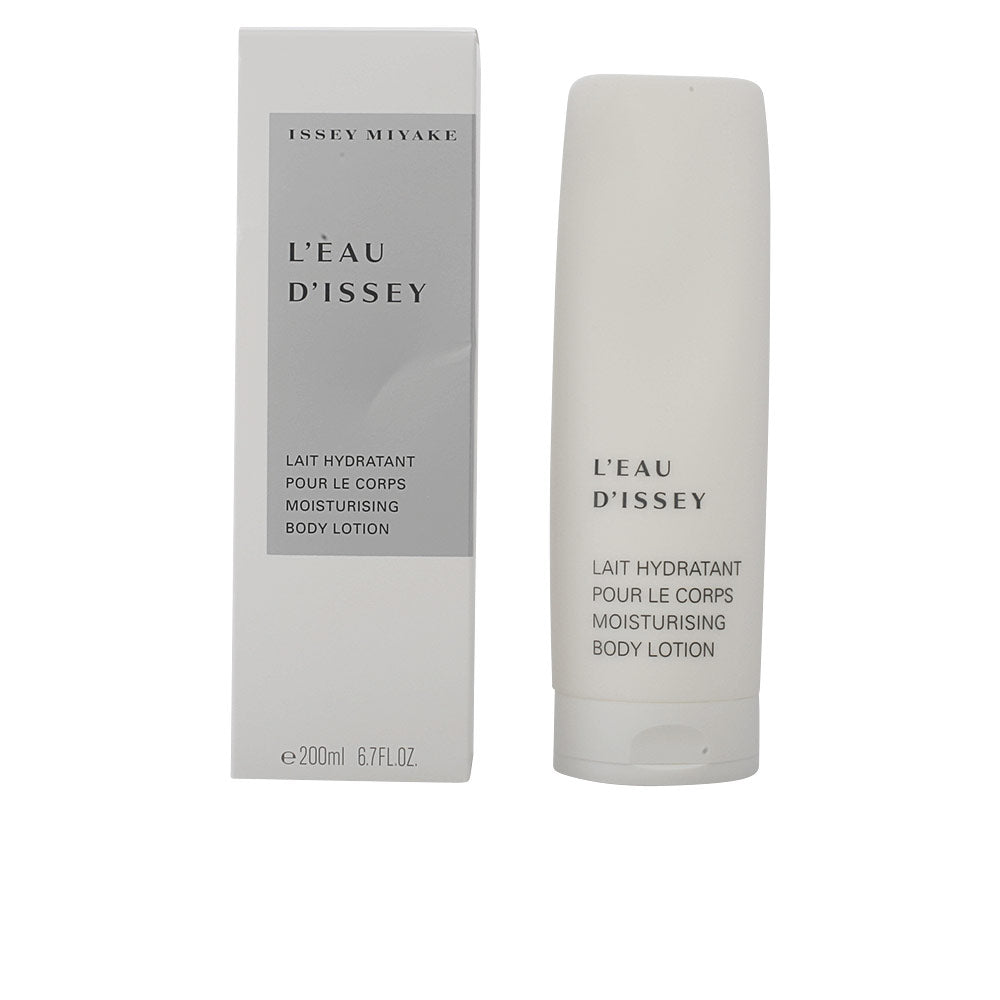 Bottle of Issey Miyake L'Eau d'Issey moisturizing body lotion on neutral background