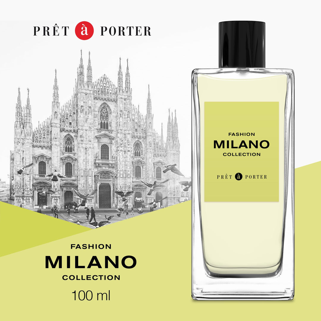 Pret-a-porter Minimalist rectangular glass perfume bottle with black cap, yellow label text, transparent light‑yellow liquid