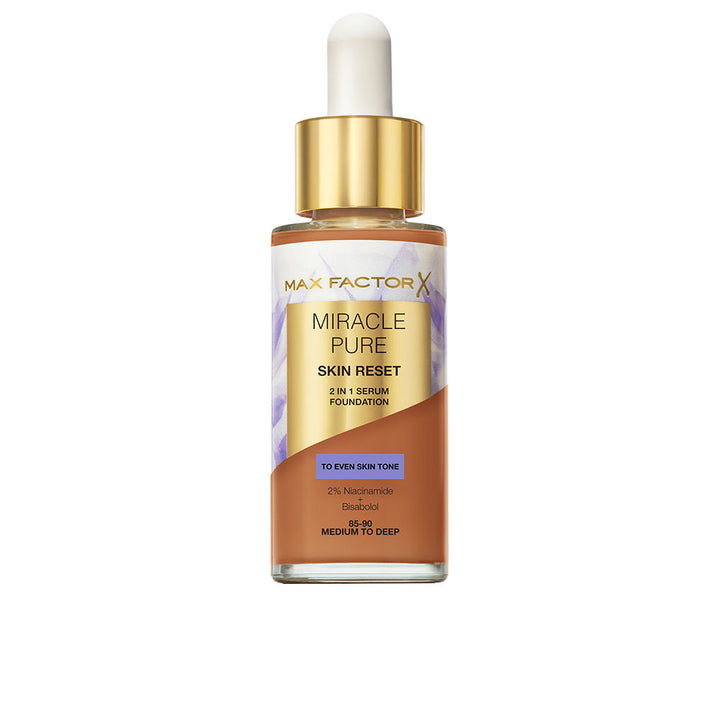 30 ml satin‑matte tinted serum foundation in medium‑deep shade, pump bottle