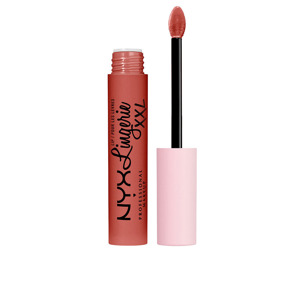 Peach‑brown liquid lipstick in slim tube with doe‑foot applicator, matte finish