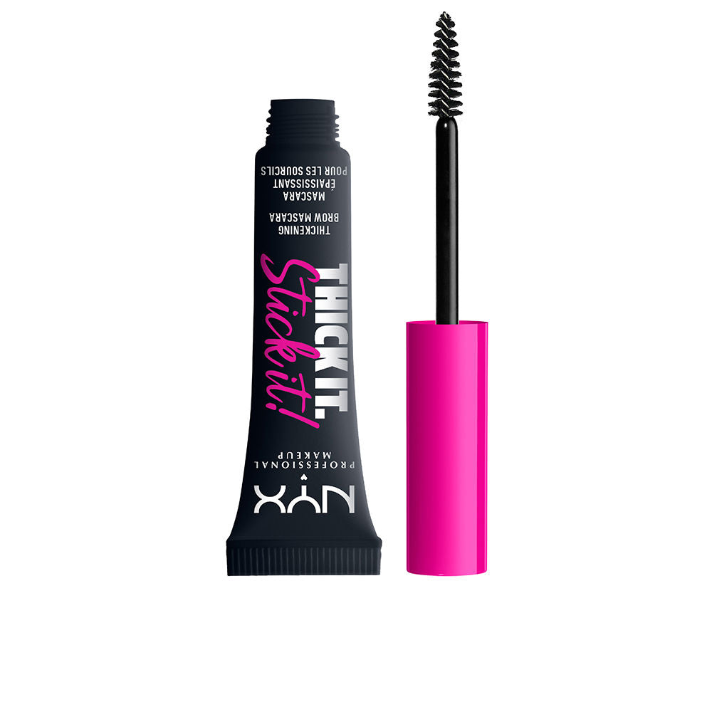 Tube of tinted brow mascara with small spoolie brush, black shade