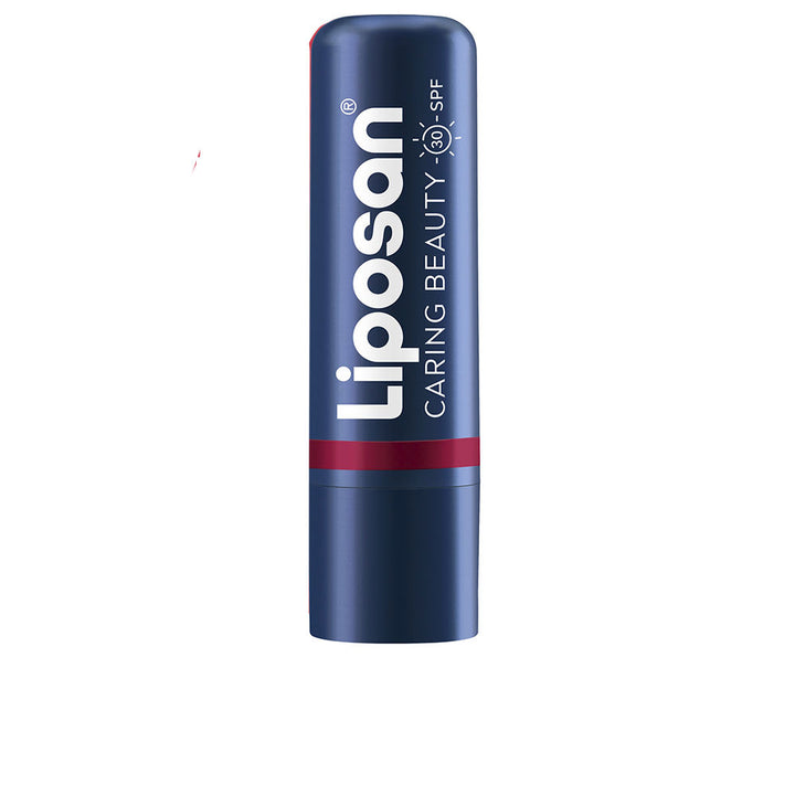 Liposan tinted lip and cheek balm in dark blue plastic tube with red stripe, cylindrical twist-up stick