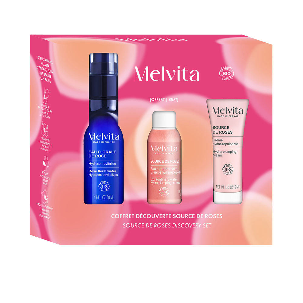 Pink and blue modern bottle, tube, and small jar with organic cosmetic logo, clean design, Melvita