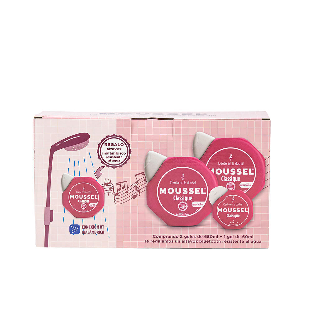 Bottle of creamy Moussel body wash with gentle foamy lather and essential oils
