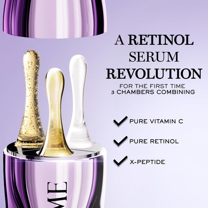 Glass triple‑chamber serum bottle showing clear and amber liquids, polished metallic cap, Lancôme label visible