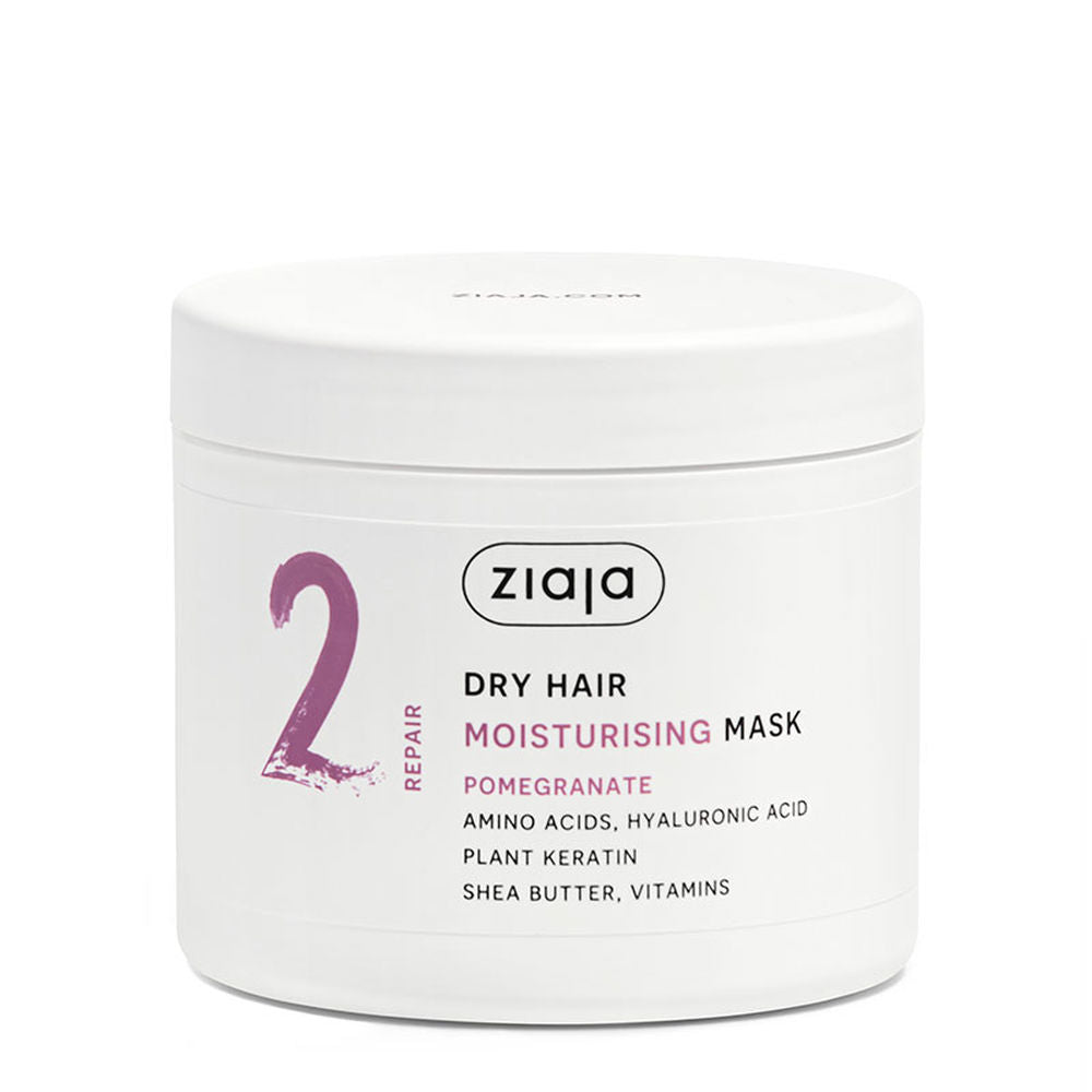 350 ml jar of hydrating pomegranate hair mask, floral-musky scent, vegan