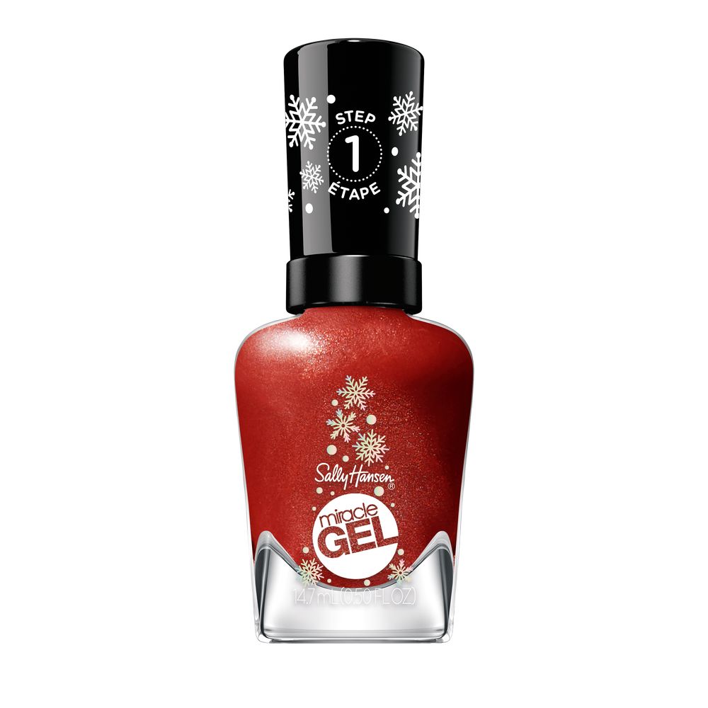 Bottle of Jolly Holly gel-effect nail polish, bright red-orange, 9.17 ml